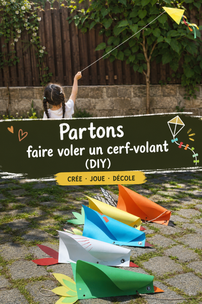Un enfant souriant tenant un cerf-volant coloré dans un parc, prêt à le faire voler.