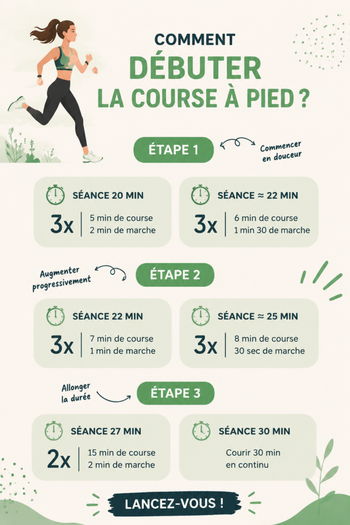 Femme en train de courir dans un parc, un sourire aux lèvres, illustrant le bonheur de commencer la course à pied.