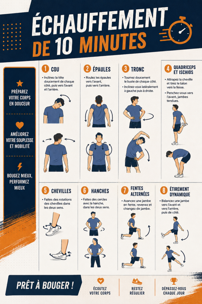 Femme effectuant des exercices d'échauffement d'une durée de 10 minutes