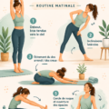 Femme pratiquant des étirements doux le matin dans un cadre apaisant.