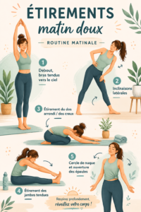Femme pratiquant des étirements doux le matin dans un cadre apaisant.