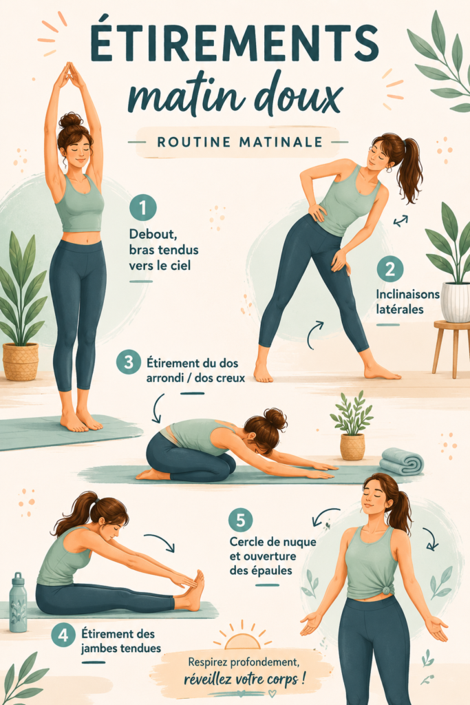 Femme pratiquant des étirements doux le matin dans un cadre apaisant.