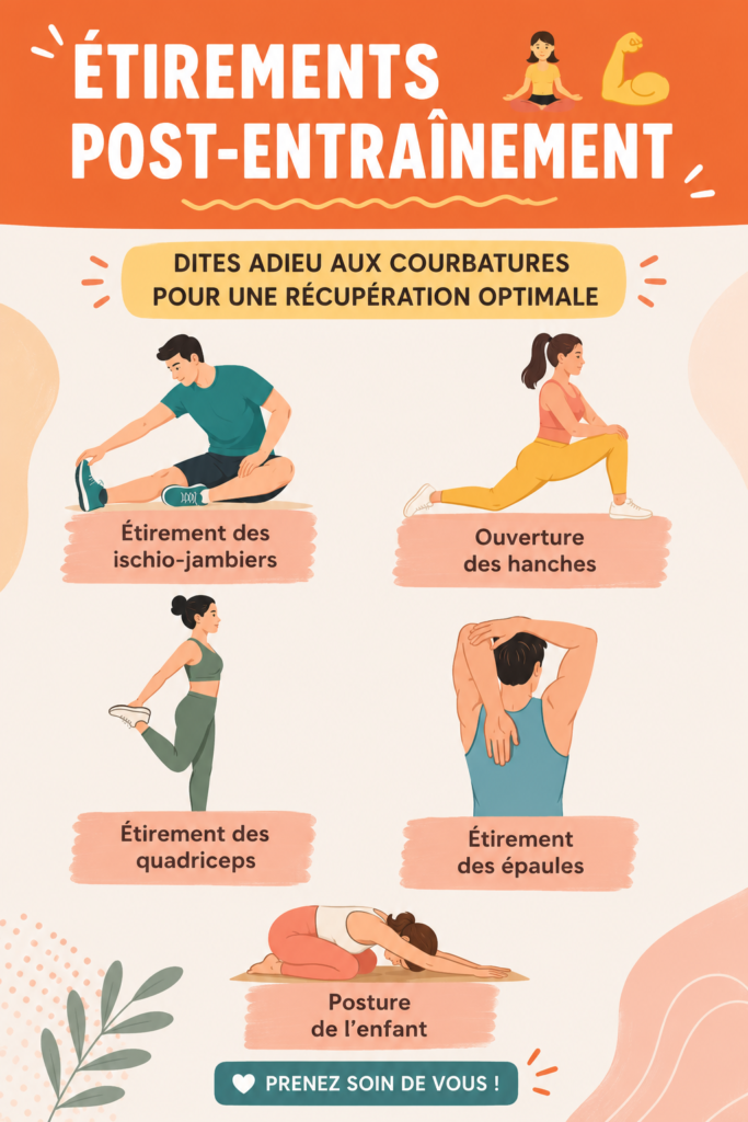 Femme faisant des étirements post-entraînement pour éliminer les courbatures.