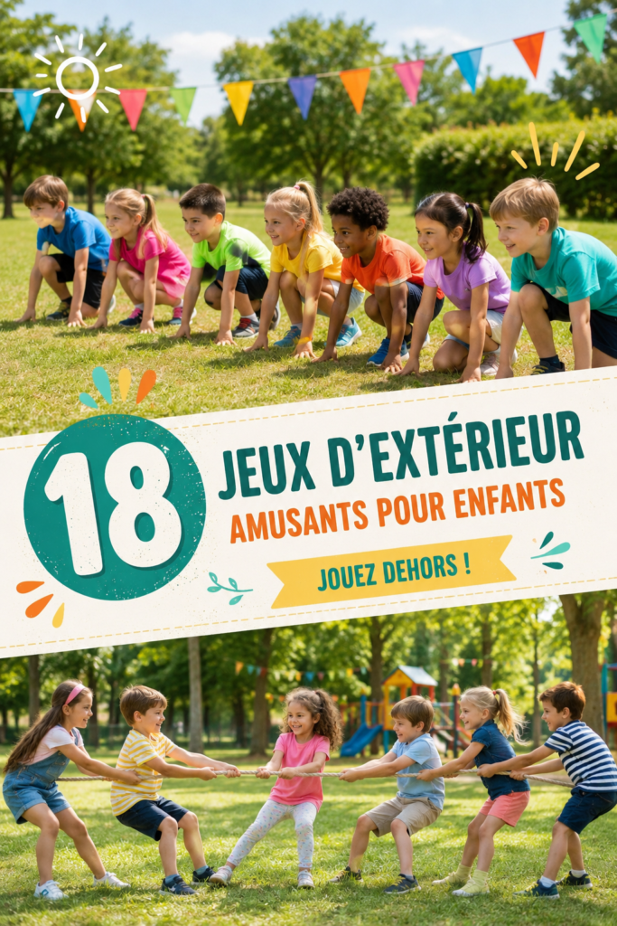 Jeunes enfants jouant à un jeu d'extérieur, riant et s'amusant.