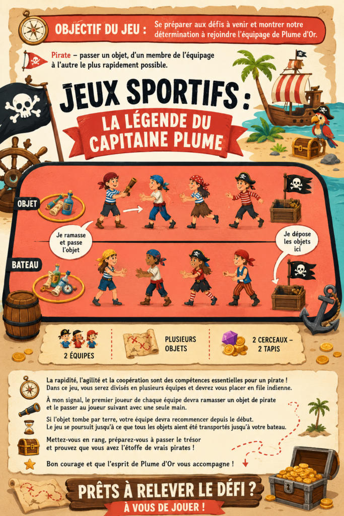 Illustration montrant le Capitaine Plume jouant à des jeux sportifs avec des enfants.