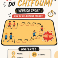 Enfants jouant à un relais chifoumi en extérieur