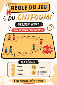 Enfants jouant à un relais chifoumi en extérieur