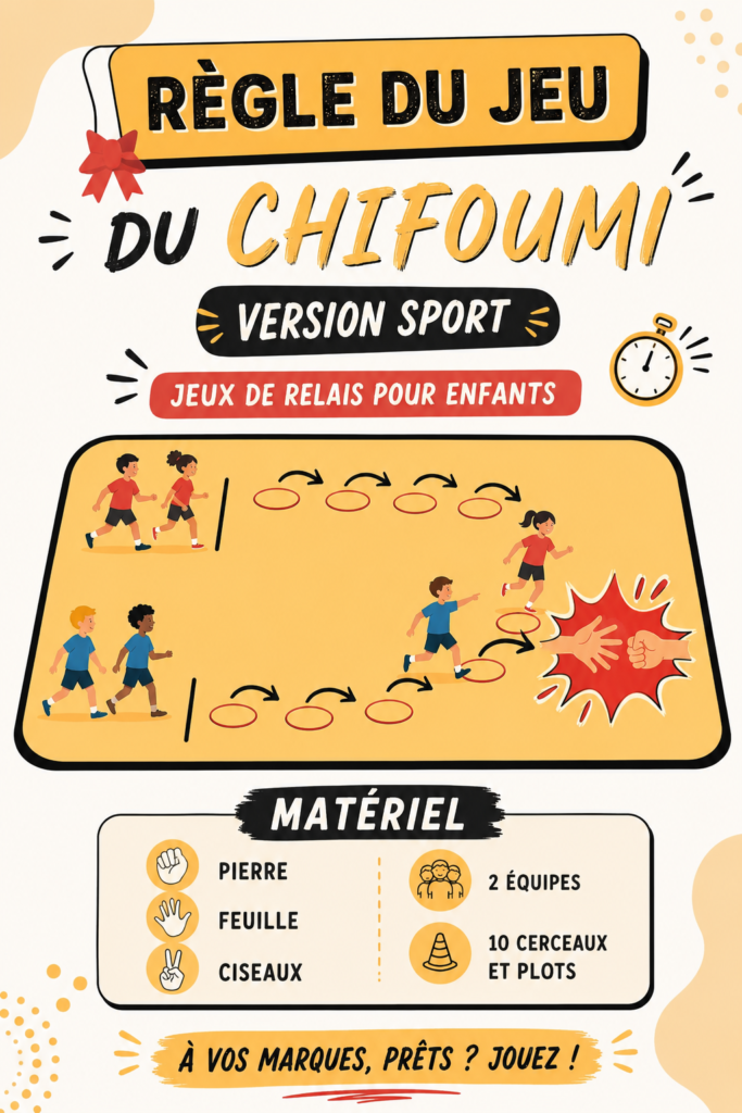 Enfants jouant à un relais chifoumi en extérieur