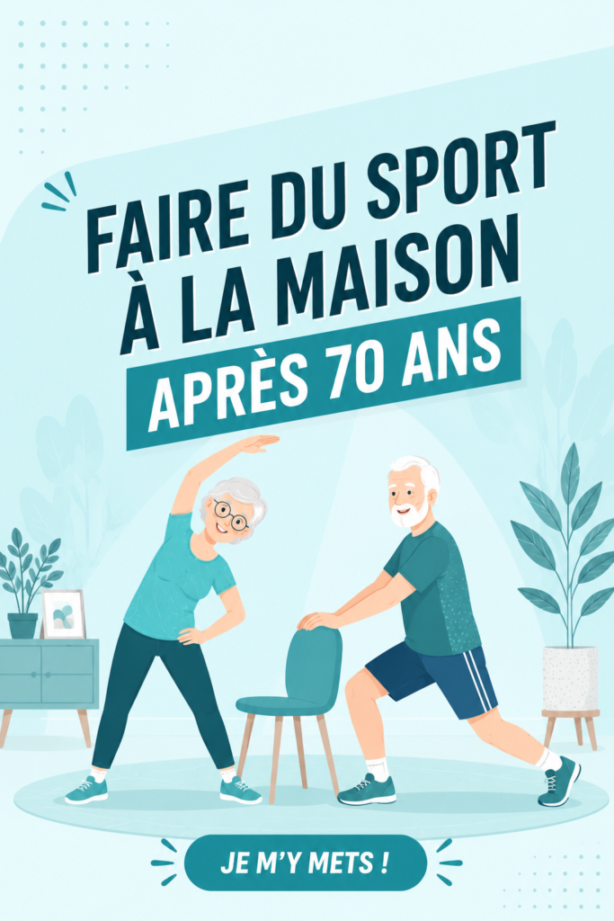 Une femme senior souriante fait des exercices dans son salon, représentant le sport à domicile après 70 ans.