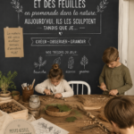 Un groupe de femmes créant des bricolages à partir de branches et de feuilles lors d'une activité en plein air.