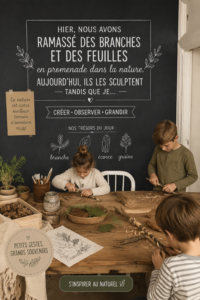 Un groupe de femmes créant des bricolages à partir de branches et de feuilles lors d'une activité en plein air.