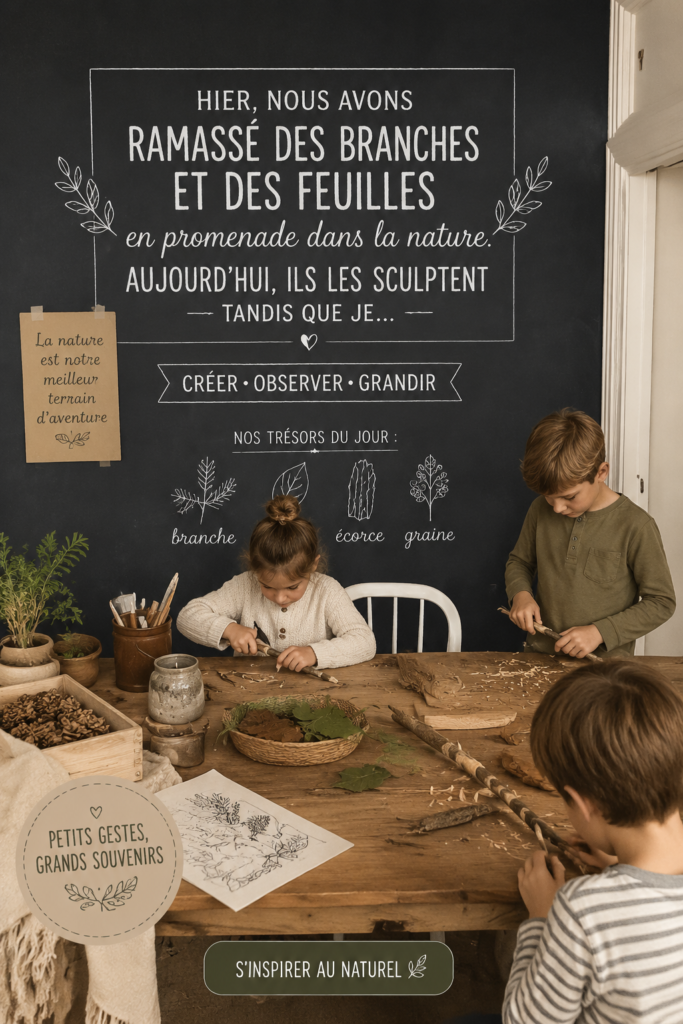 Un groupe de femmes créant des bricolages à partir de branches et de feuilles lors d'une activité en plein air.