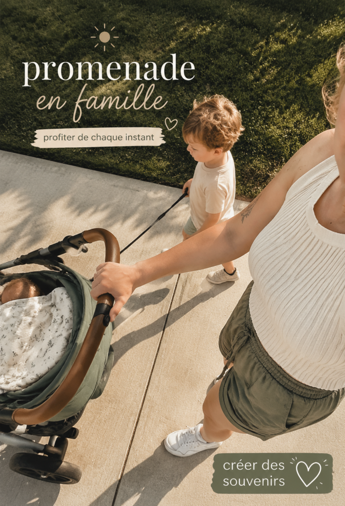 Famille souriante en promenade matinale dans le parc