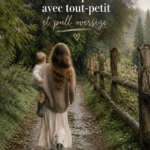Une maman et son enfant tenant un parapluie coloré lors d'une promenade sous la pluie, tous deux en pulls douillets
