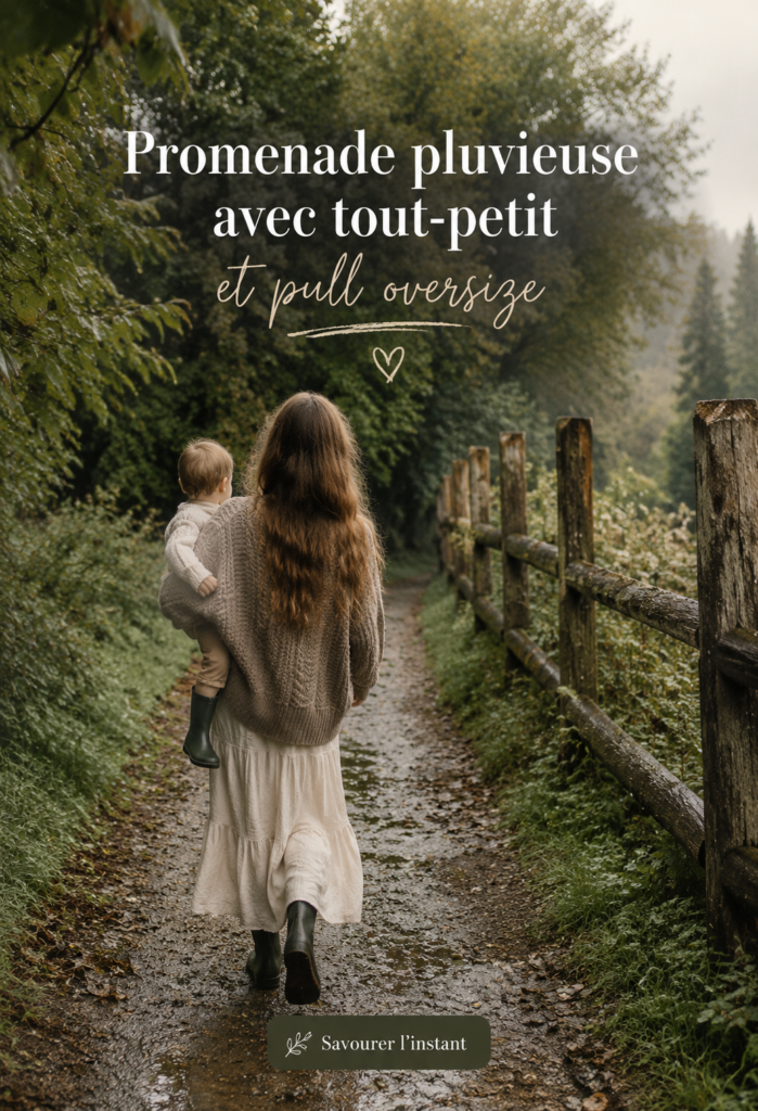 Une maman et son enfant tenant un parapluie coloré lors d'une promenade sous la pluie, tous deux en pulls douillets