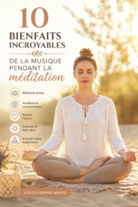 Femme méditant en écoutant de la musique relaxante, créant une atmosphère sereine.