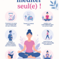 Femme méditant seule dans un espace apaisant chez elle, entourée de plantes.