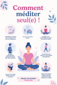 Femme méditant seule dans un espace apaisant chez elle, entourée de plantes.