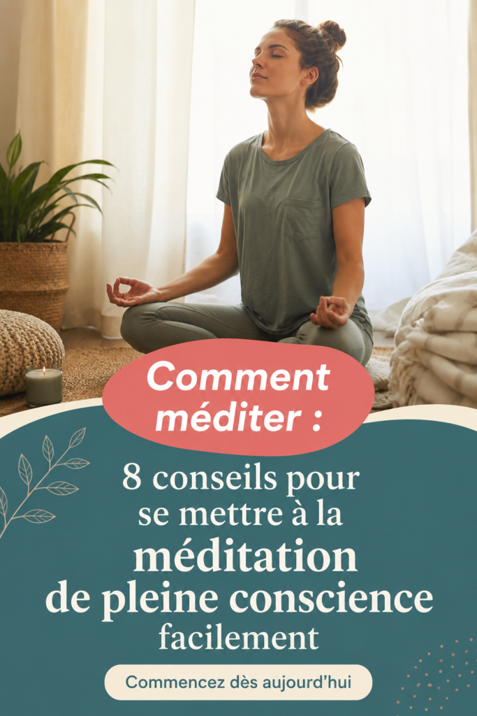 Femme méditant paisiblement dans un environnement calme, illustrant la méditation de pleine conscience.