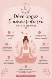 Femme méditant dans un environnement paisible pour renforcer son amour de soi.