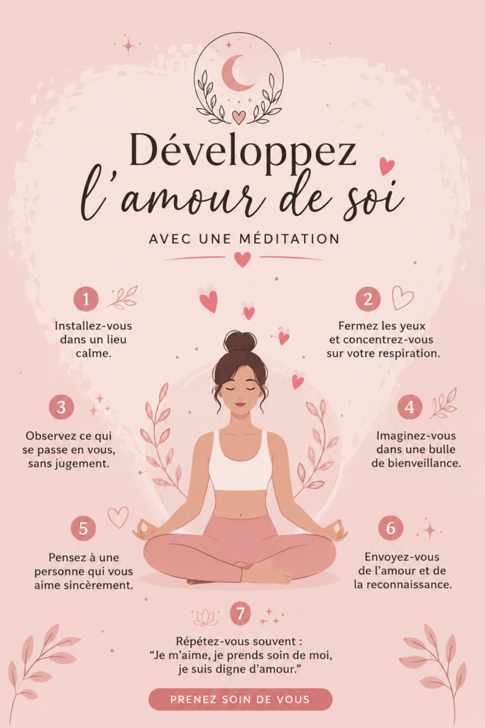 Femme méditant dans un environnement paisible pour renforcer son amour de soi.
