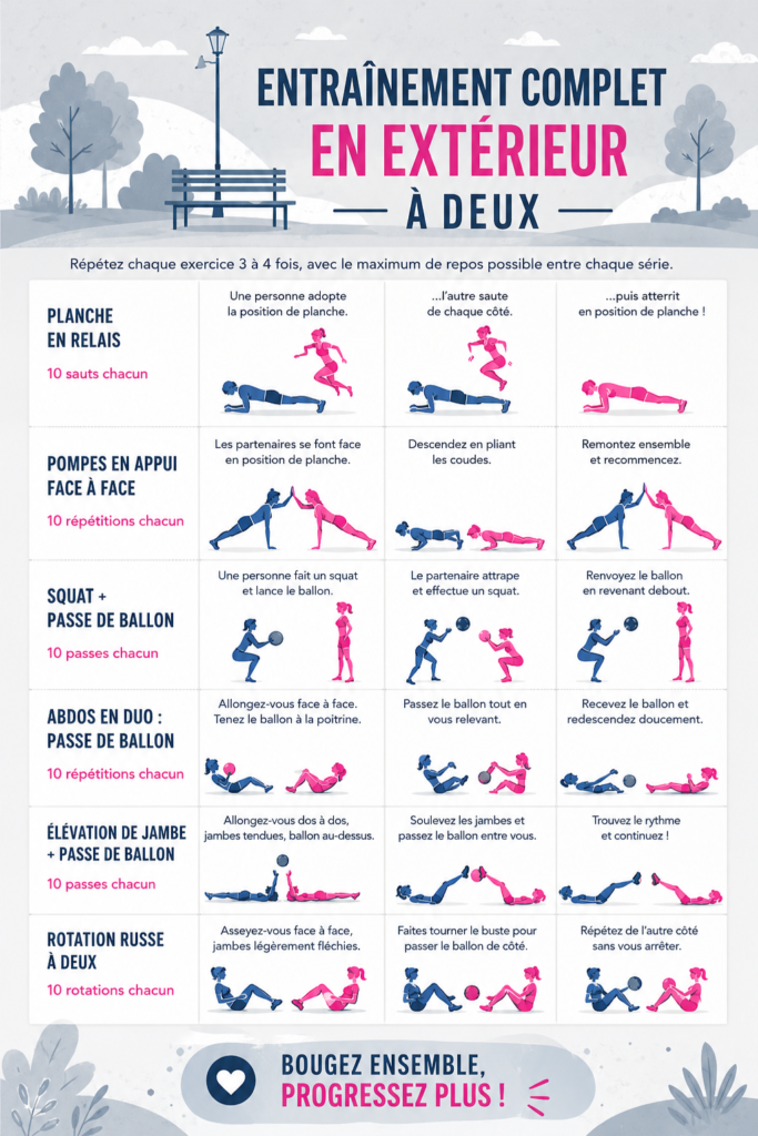 Un couple s'entraîne ensemble en plein air avec des exercices simples et amusants.