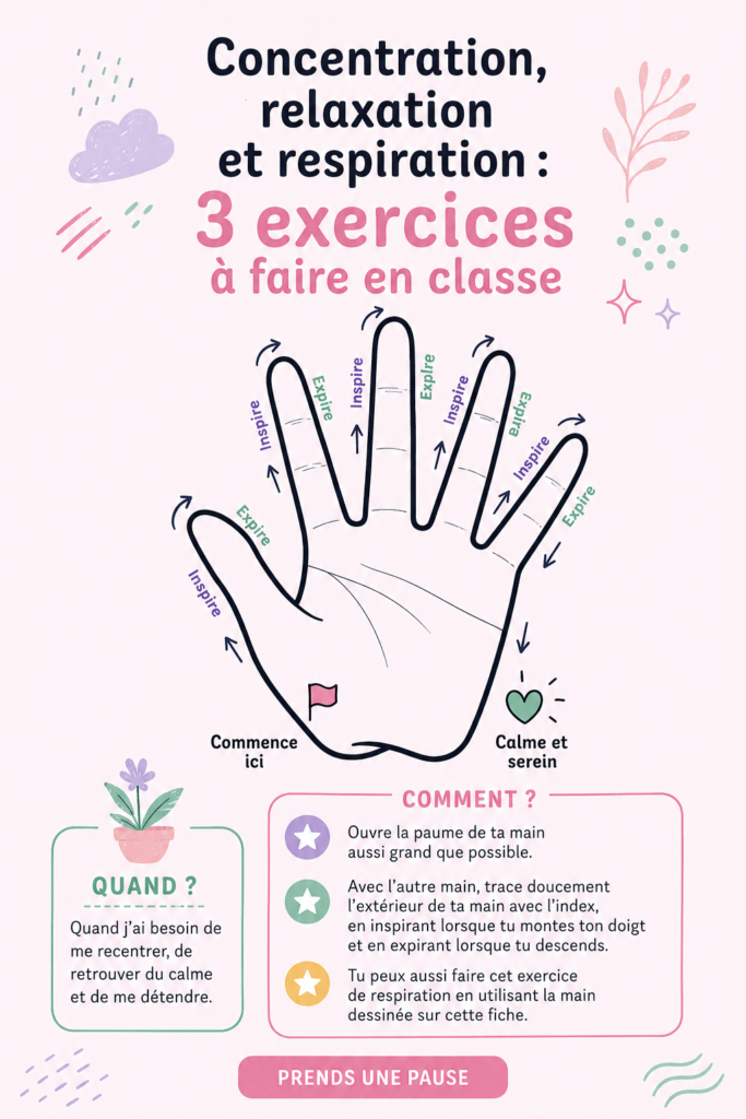 Exercice de respiration en classe pour améliorer la concentration avec des élèves détendus.