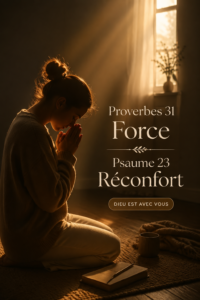 Femme lisant la Bible avec des versets sur la force et le réconfort