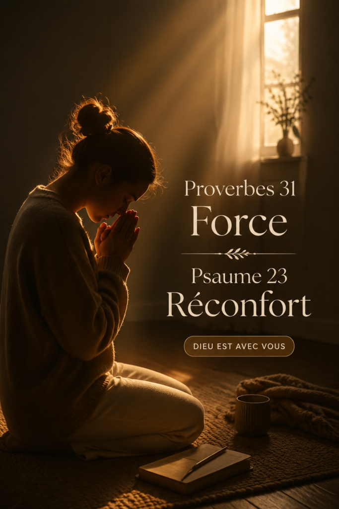 Femme lisant la Bible avec des versets sur la force et le réconfort