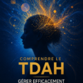 Illustration d'une femme réfléchissant sereinement à propos de ses émotions et du TDAH.