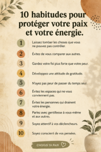 Femme méditant paisiblement dans un jardin, illustrant des habitudes pour préserver l'énergie.