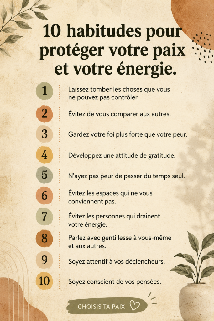 Femme méditant paisiblement dans un jardin, illustrant des habitudes pour préserver l'énergie.
