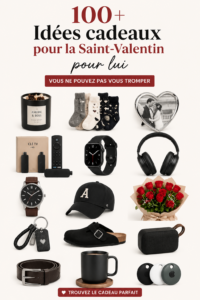 Idées de cadeaux de Saint-Valentin pour homme, mettant en avant divers objets romantique et pratiques.