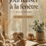 Femme assise à une table avec une tasse de thé fumante et un carnet de journaling.