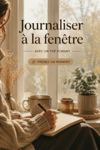 Femme assise à une table avec une tasse de thé fumante et un carnet de journaling.