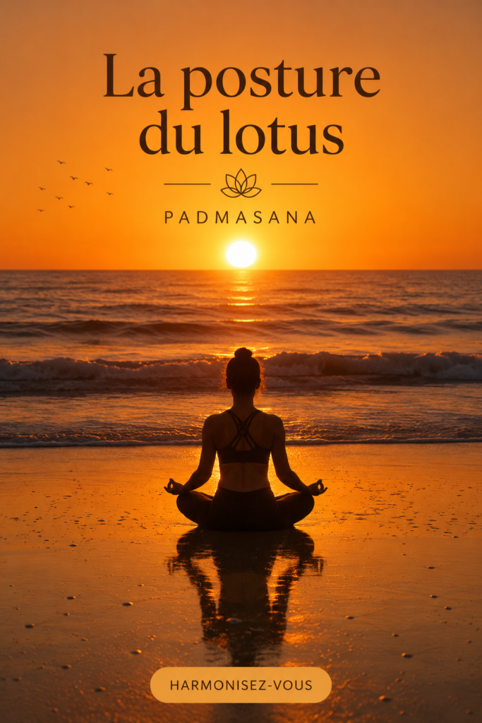 Une femme en lotus pose dans un décor calme et serein, démontrant l'équilibre et la tranquillité.