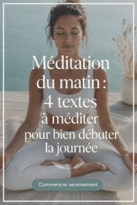 Femme méditant paisiblement le matin avec des textes inspirants autour d'elle.