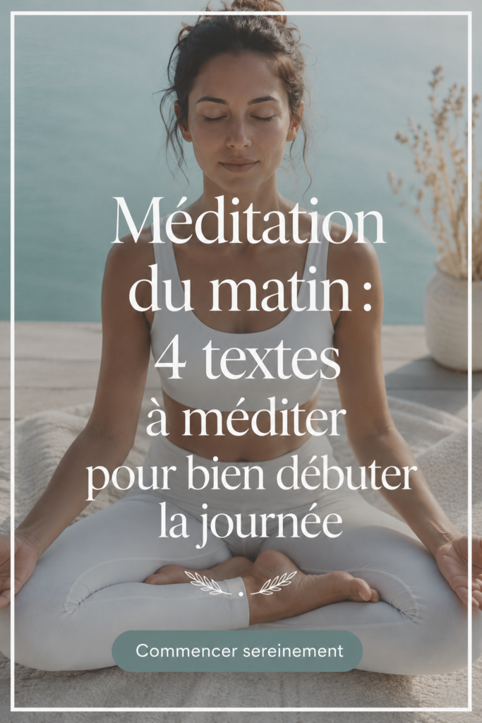 Femme méditant paisiblement le matin avec des textes inspirants autour d'elle.