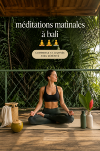 Femme méditant au lever du soleil à Bali, ambiance sereine et apaisante