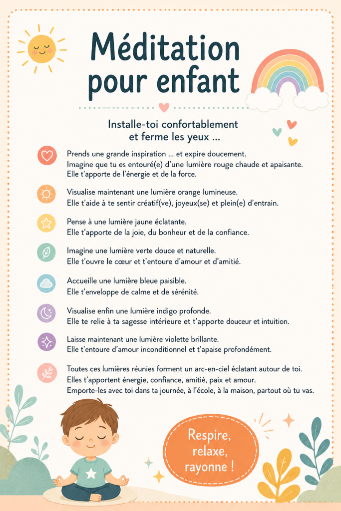 Un enfant assis en méditation, entouré d'un atmosphère calme et apaisante.