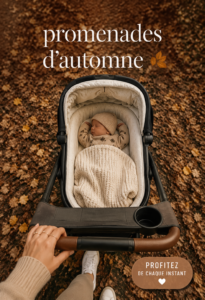 Maman et bébé profitant d'une promenade en automne, entourés de feuilles dorées.