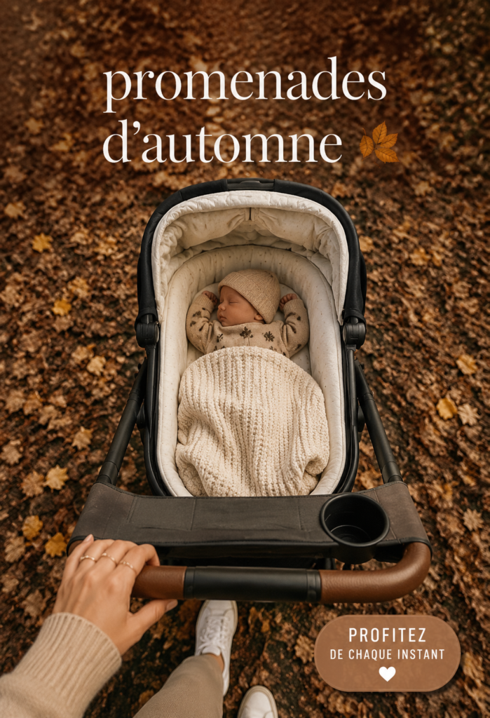Maman et bébé profitant d'une promenade en automne, entourés de feuilles dorées.