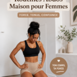 Femme en train de faire des abdos à la maison, sur un tapis de yoga.