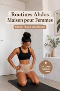 Femme en train de faire des abdos à la maison, sur un tapis de yoga.