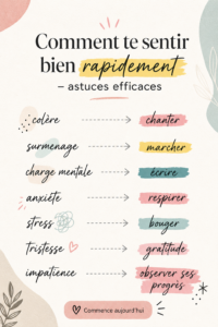 Femme souriante se relaxant avec une tasse de thé et un livre, représentant le bien-être rapide.