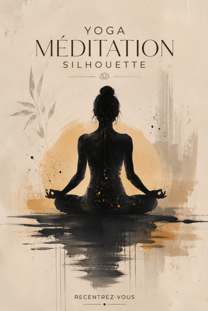 Silhouette de yoga minimaliste suspendue dans un espace zen