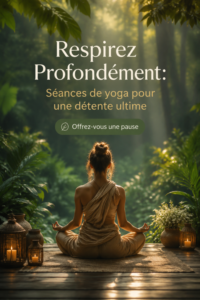 Femme pratiquant le yoga dans un cadre paisible, lumières douces et environnement relaxant.