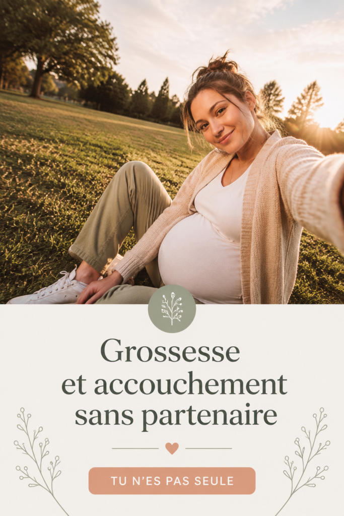 Femme enceinte seule en train de se préparer pour son accouchement, souriante et sereine.