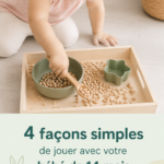 Une maman jouant avec son bébé de 14 mois dans le jardin, sourires échangés.