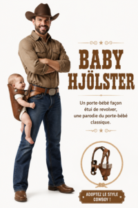 Baby Hjölster, un porte-bébé parodique en style western avec bébé.